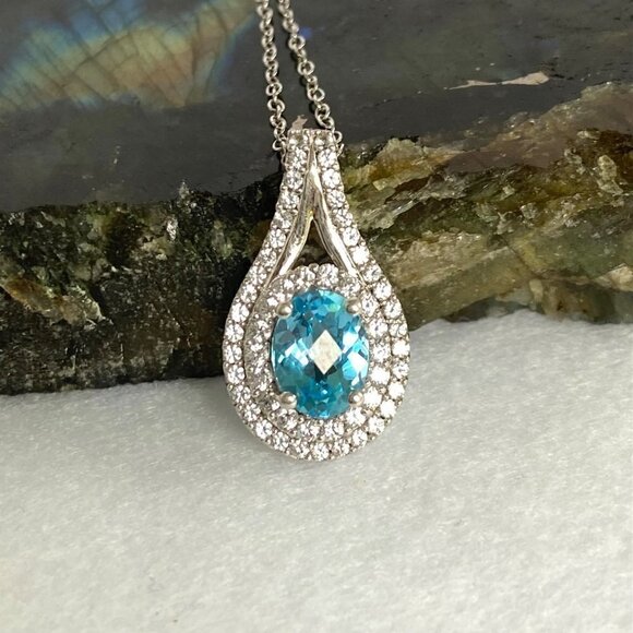 Sterling Silver 925 P☆M Oval Blue Topaz White Topaz Double Halo Pendant Necklace - Picture 5 of 16